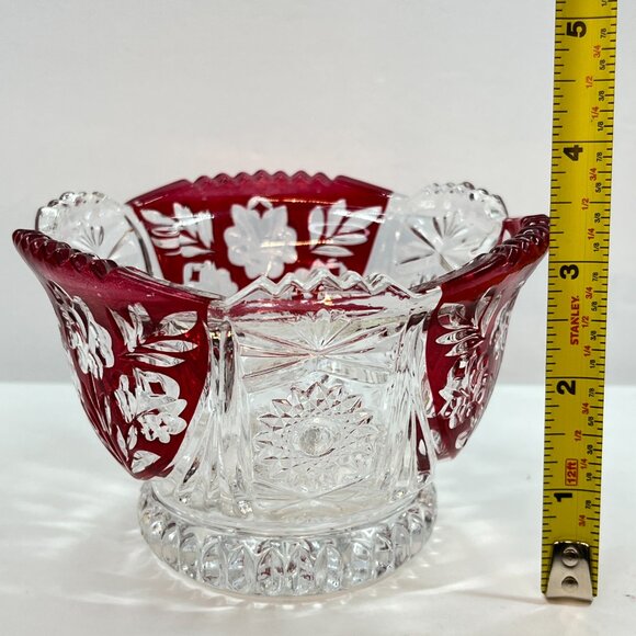 Fifth Avenue Crystal Bowl Rosaline Ruby Red Floral 3.25" Tall 4.75" Wide Vintage - Picture 5 of 6